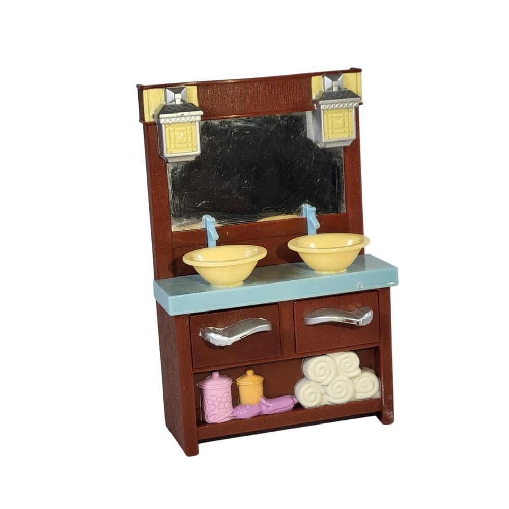 Fisher-Price Loving Family Bathroom Vanity Double Sink Hair Dryer Mirror